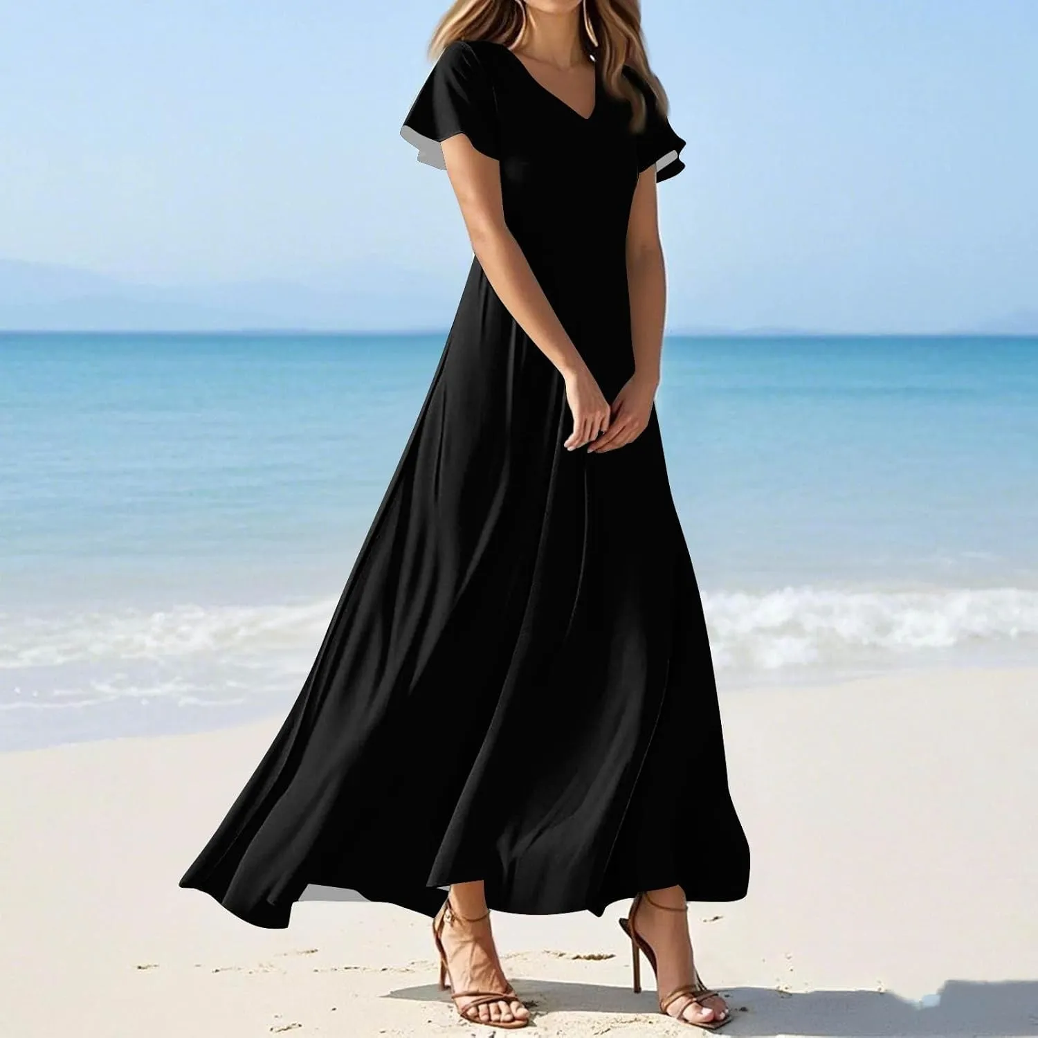 Summer Dresses for Women 2025 Fashion Short Sleeve Maxi Dress Flowy Elegant V Neck Beach Vacation Long Sundresses