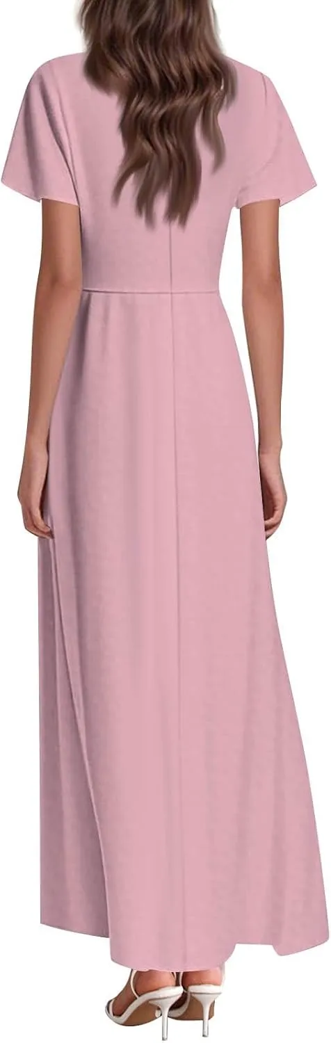 Summer Dresses for Women 2025 Fashion Short Sleeve Maxi Dress Flowy Elegant V Neck Beach Vacation Long Sundresses