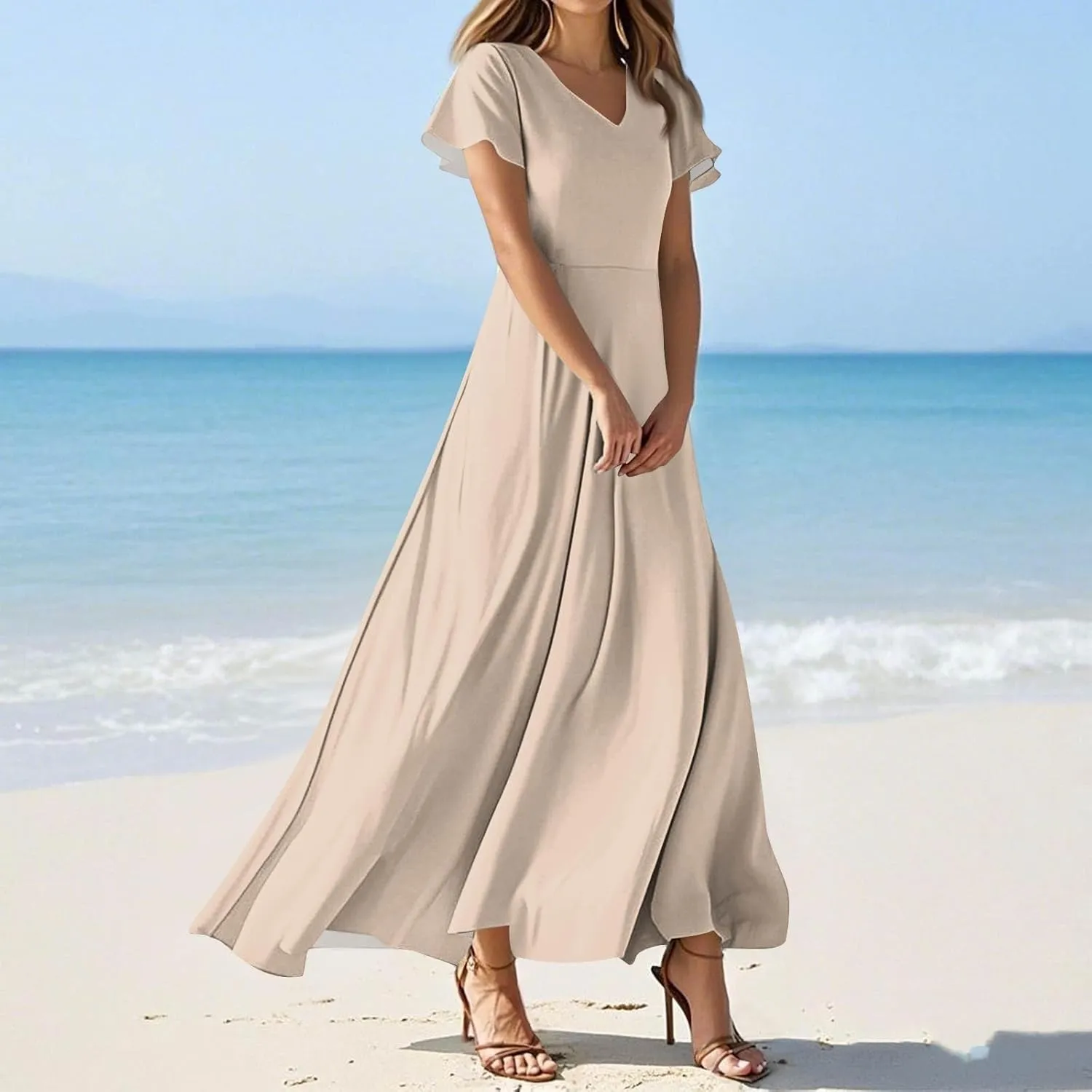 Summer Dresses for Women 2025 Fashion Short Sleeve Maxi Dress Flowy Elegant V Neck Beach Vacation Long Sundresses