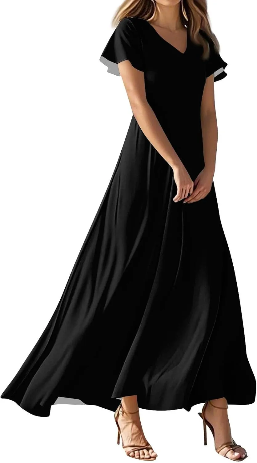 Summer Dresses for Women 2025 Fashion Short Sleeve Maxi Dress Flowy Elegant V Neck Beach Vacation Long Sundresses