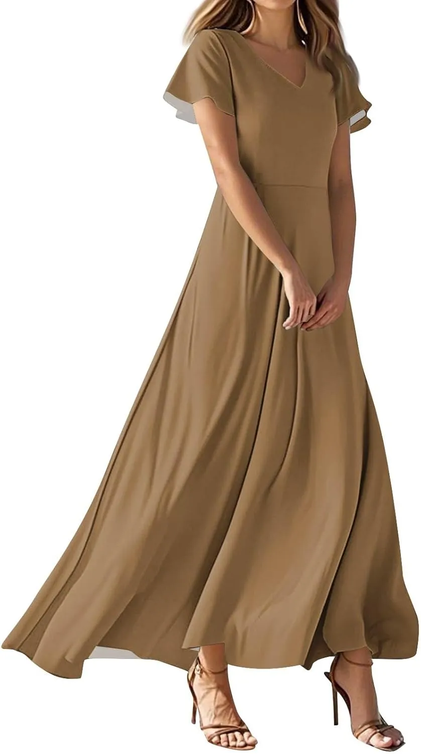 Summer Dresses for Women 2025 Fashion Short Sleeve Maxi Dress Flowy Elegant V Neck Beach Vacation Long Sundresses