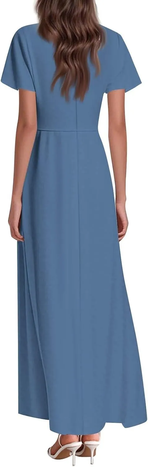 Summer Dresses for Women 2025 Fashion Short Sleeve Maxi Dress Flowy Elegant V Neck Beach Vacation Long Sundresses