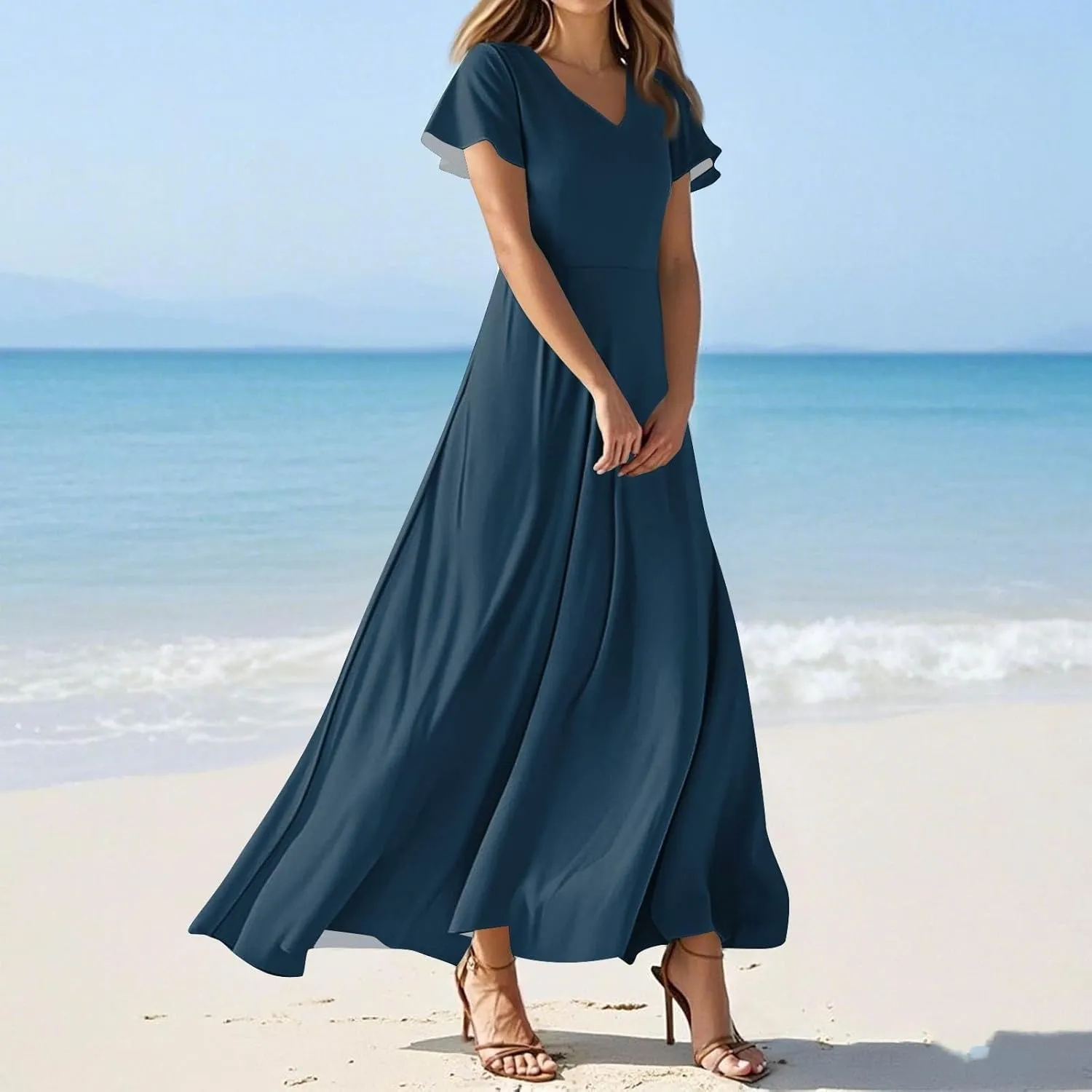 Summer Dresses for Women 2025 Fashion Short Sleeve Maxi Dress Flowy Elegant V Neck Beach Vacation Long Sundresses