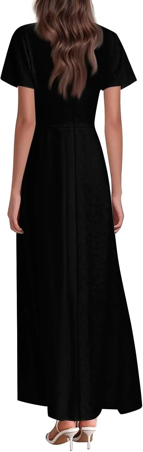 Summer Dresses for Women 2025 Fashion Short Sleeve Maxi Dress Flowy Elegant V Neck Beach Vacation Long Sundresses