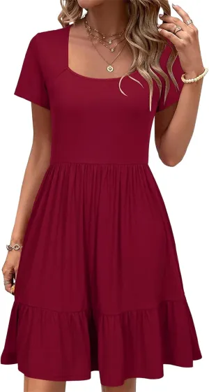 Summer Dresses for Women 2025 Short Sleeve Squared Neck Dresses High Waist A Line Ruffle Hem Mini Dress 2025
