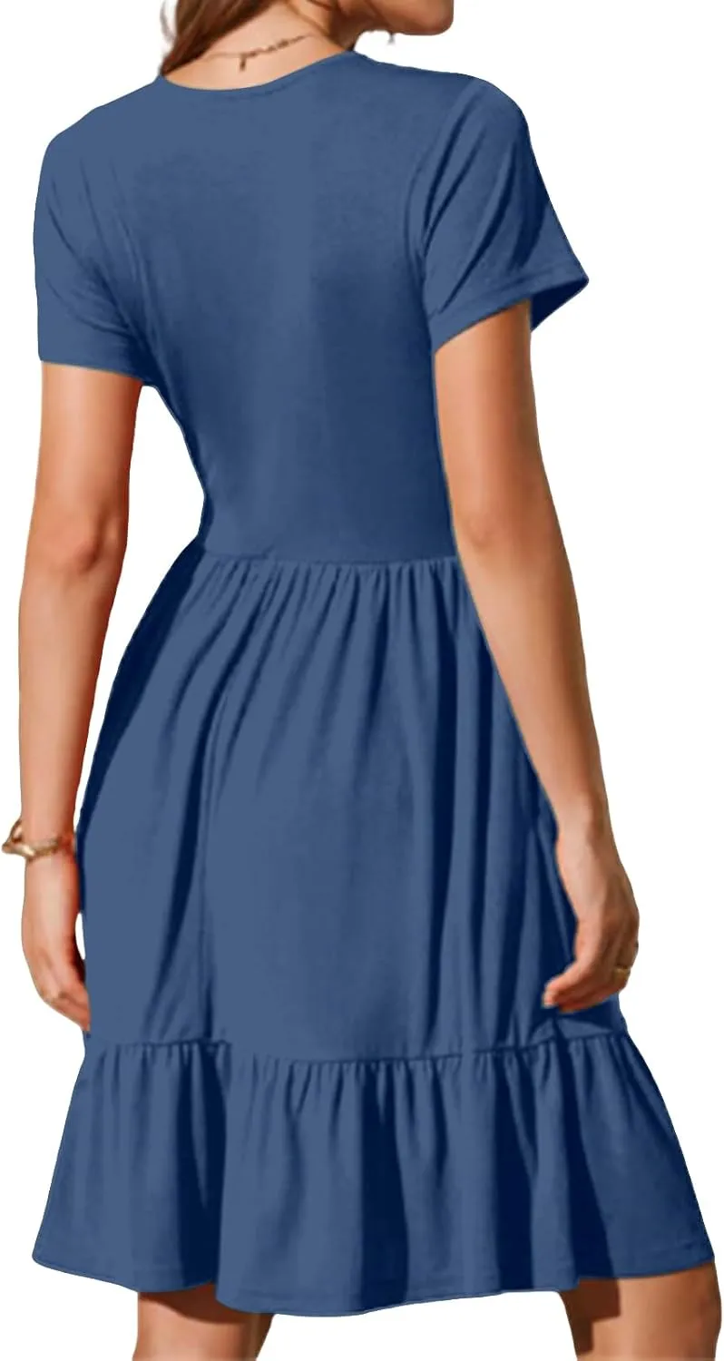 Summer Dresses for Women 2025 Short Sleeve Squared Neck Dresses High Waist A Line Ruffle Hem Mini Dress 2025