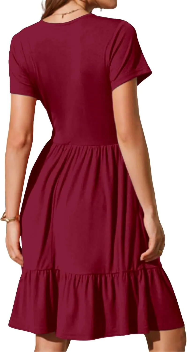 Summer Dresses for Women 2025 Short Sleeve Squared Neck Dresses High Waist A Line Ruffle Hem Mini Dress 2025