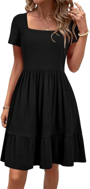 Summer Dresses for Women 2025 Short Sleeve Squared Neck Dresses High Waist A Line Ruffle Hem Mini Dress 2025