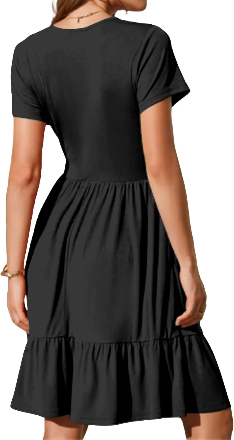 Summer Dresses for Women 2025 Short Sleeve Squared Neck Dresses High Waist A Line Ruffle Hem Mini Dress 2025