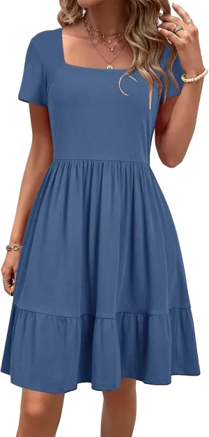 Summer Dresses for Women 2025 Short Sleeve Squared Neck Dresses High Waist A Line Ruffle Hem Mini Dress 2025