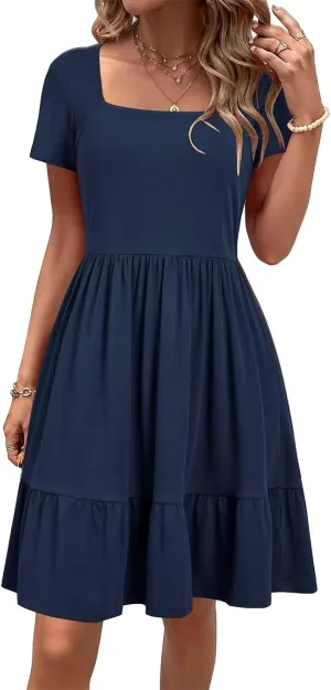 Summer Dresses for Women 2025 Short Sleeve Squared Neck Dresses High Waist A Line Ruffle Hem Mini Dress 2025