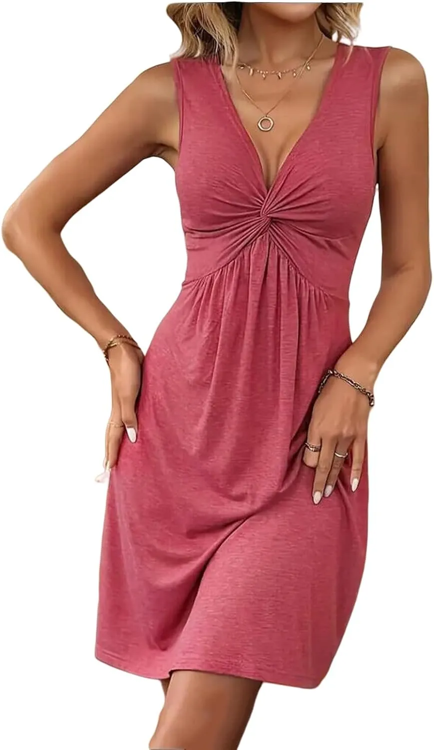 Summer Dresses for Women 2025 V Neck Front Knotted Dresses Sleeveless Mini/Midi Dress Elegant Club Party Tunic Dress