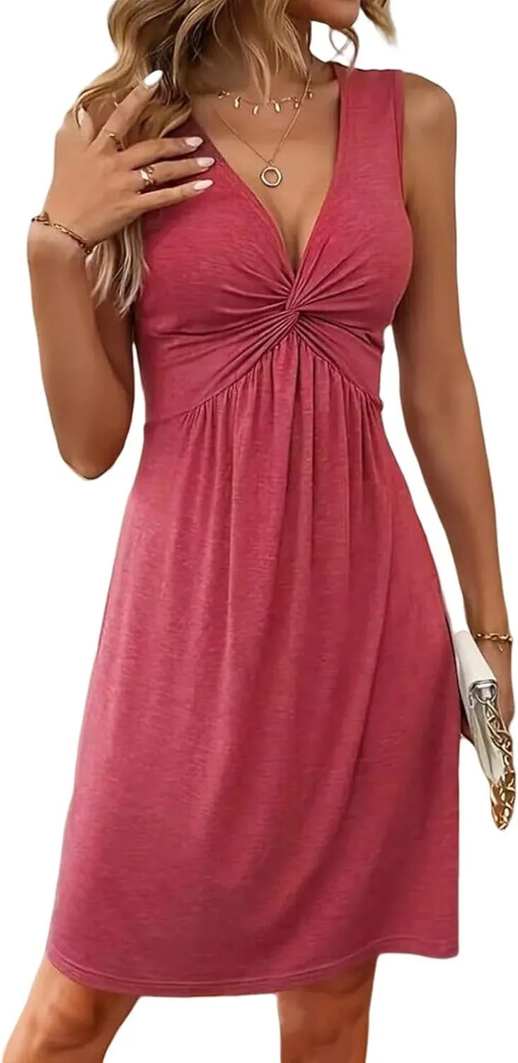Summer Dresses for Women 2025 V Neck Front Knotted Dresses Sleeveless Mini/Midi Dress Elegant Club Party Tunic Dress