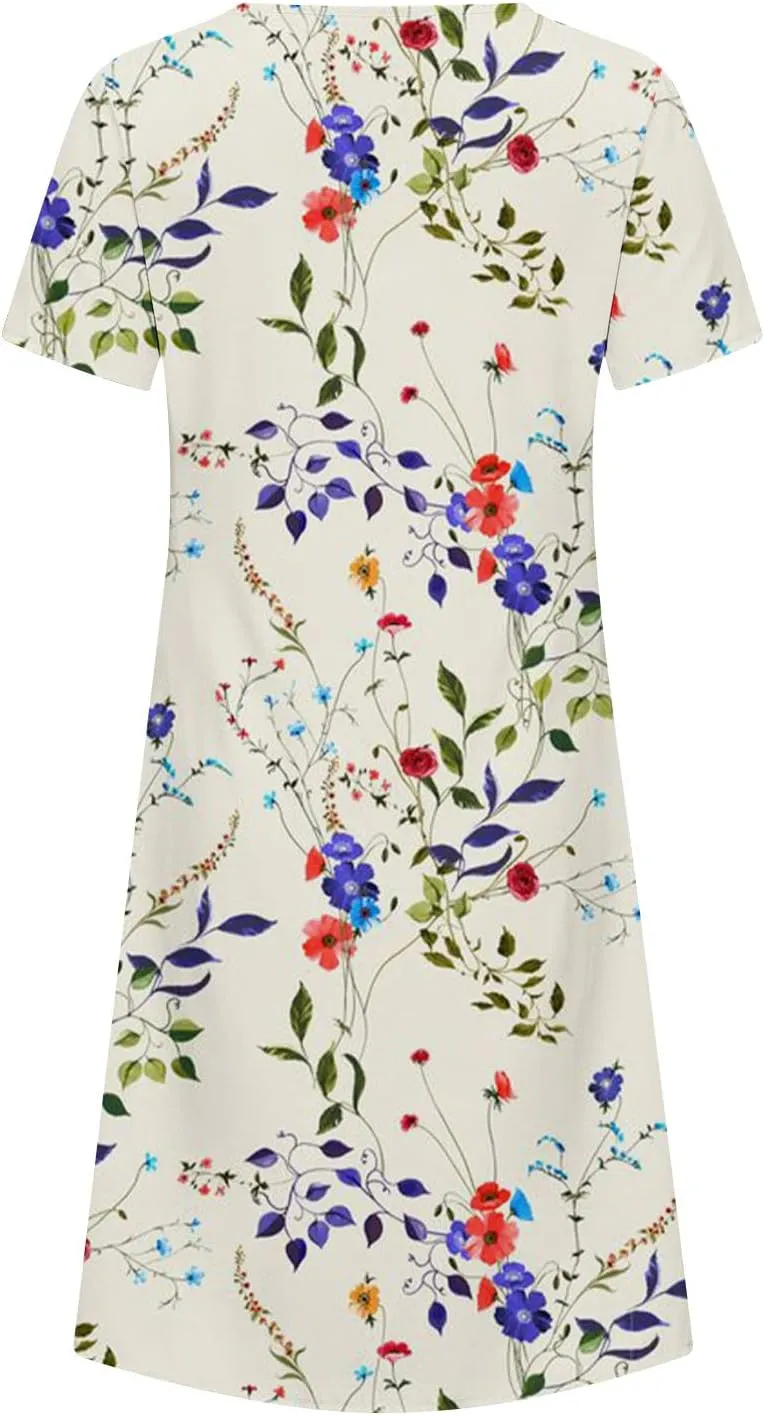 Summer Dresses for Women, Beach Floral Sundress Short Sleeve Pockets Casual Tshirt Dress Ruched A-Line Dress