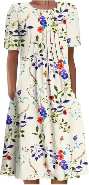 Summer Dresses for Women, Beach Floral Sundress Short Sleeve Pockets Casual Tshirt Dress Ruched A-Line Dress
