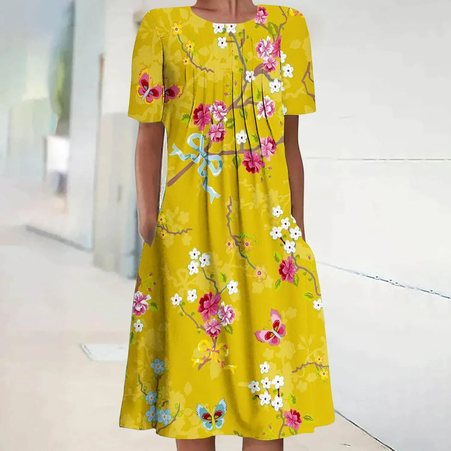 Summer Dresses for Women, Beach Floral Sundress Short Sleeve Pockets Casual Tshirt Dress Ruched A-Line Dress