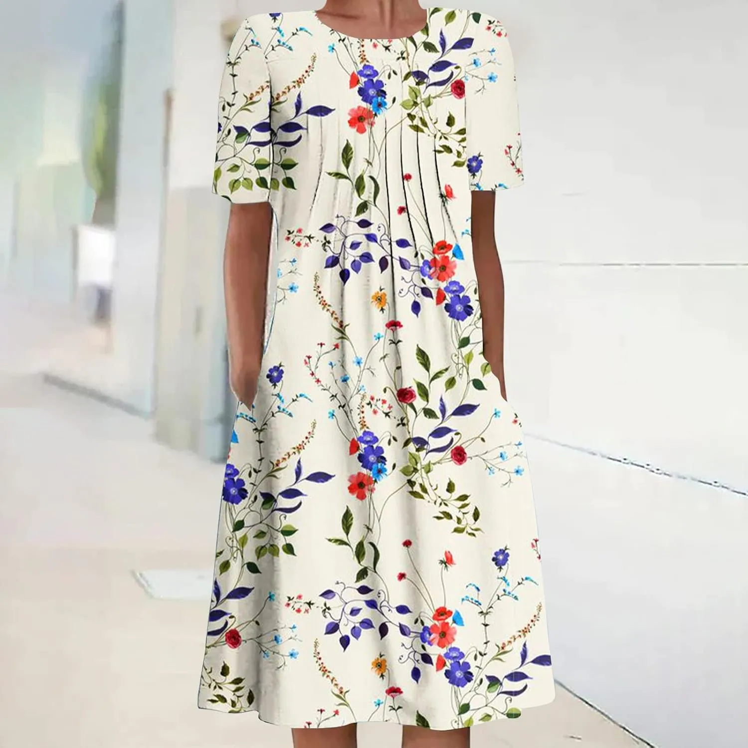 Summer Dresses for Women, Beach Floral Sundress Short Sleeve Pockets Casual Tshirt Dress Ruched A-Line Dress