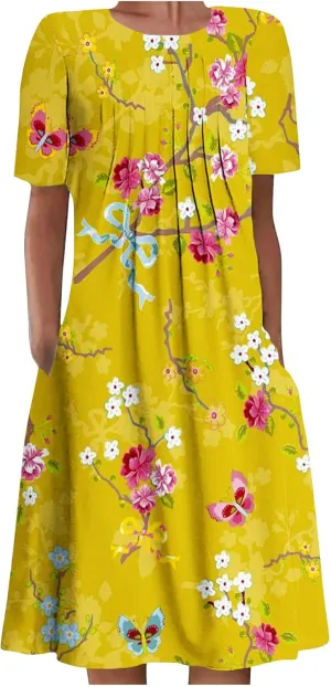 Summer Dresses for Women, Beach Floral Sundress Short Sleeve Pockets Casual Tshirt Dress Ruched A-Line Dress