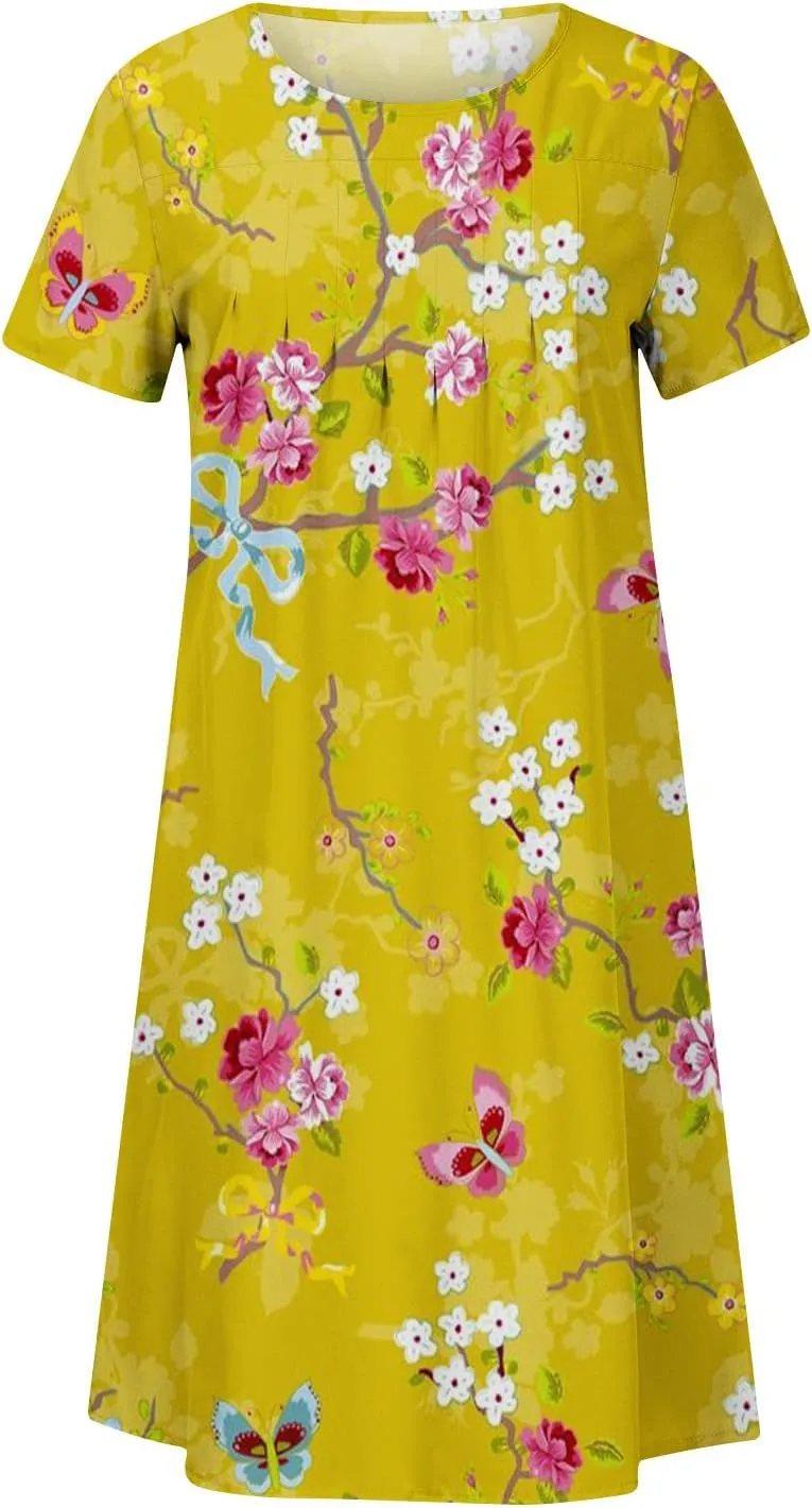 Summer Dresses for Women, Beach Floral Sundress Short Sleeve Pockets Casual Tshirt Dress Ruched A-Line Dress