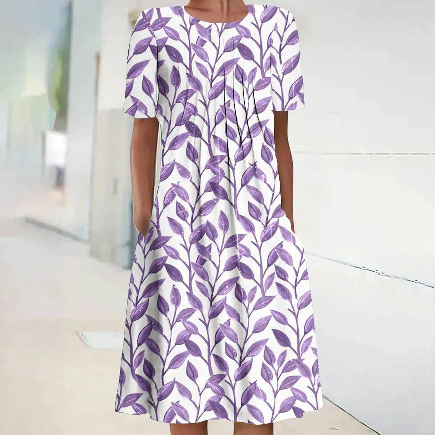 Summer Dresses for Women, Beach Floral Sundress Short Sleeve Pockets Casual Tshirt Dress Ruched A-Line Dress