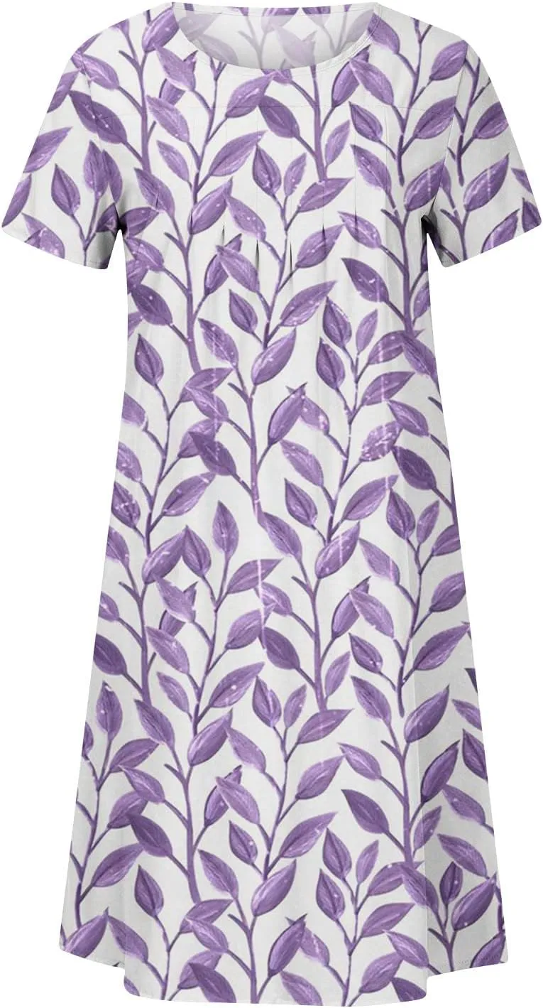 Summer Dresses for Women, Beach Floral Sundress Short Sleeve Pockets Casual Tshirt Dress Ruched A-Line Dress