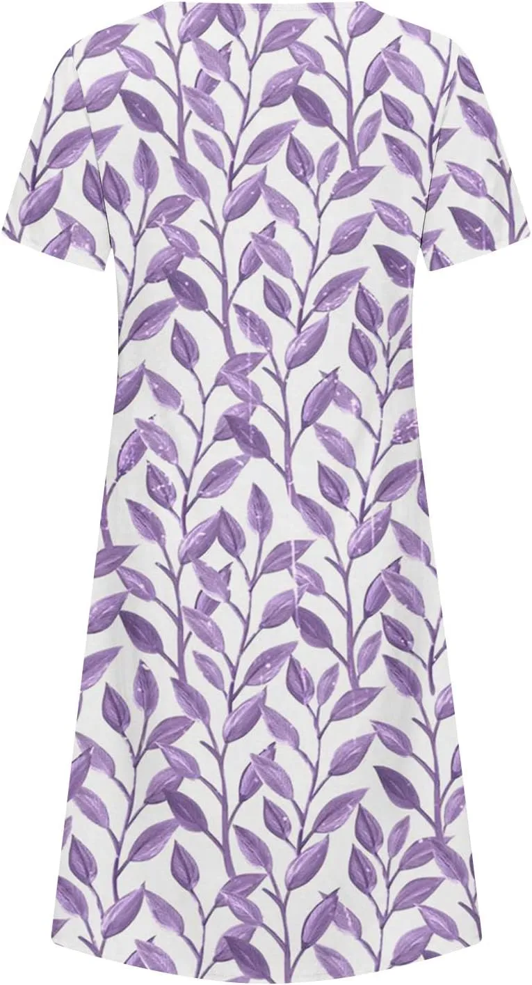 Summer Dresses for Women, Beach Floral Sundress Short Sleeve Pockets Casual Tshirt Dress Ruched A-Line Dress