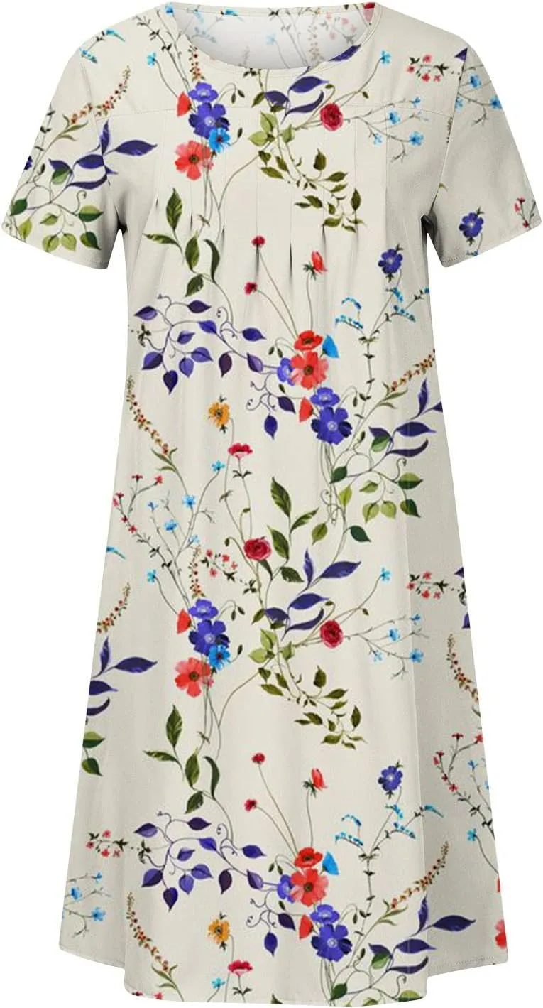 Summer Dresses for Women, Beach Floral Sundress Short Sleeve Pockets Casual Tshirt Dress Ruched A-Line Dress
