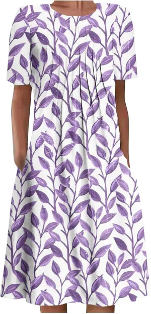 Summer Dresses for Women, Beach Floral Sundress Short Sleeve Pockets Casual Tshirt Dress Ruched A-Line Dress