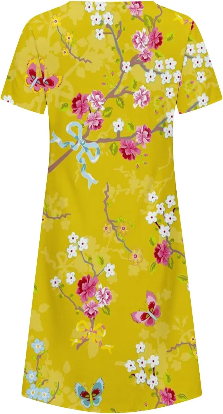 Summer Dresses for Women, Beach Floral Sundress Short Sleeve Pockets Casual Tshirt Dress Ruched A-Line Dress
