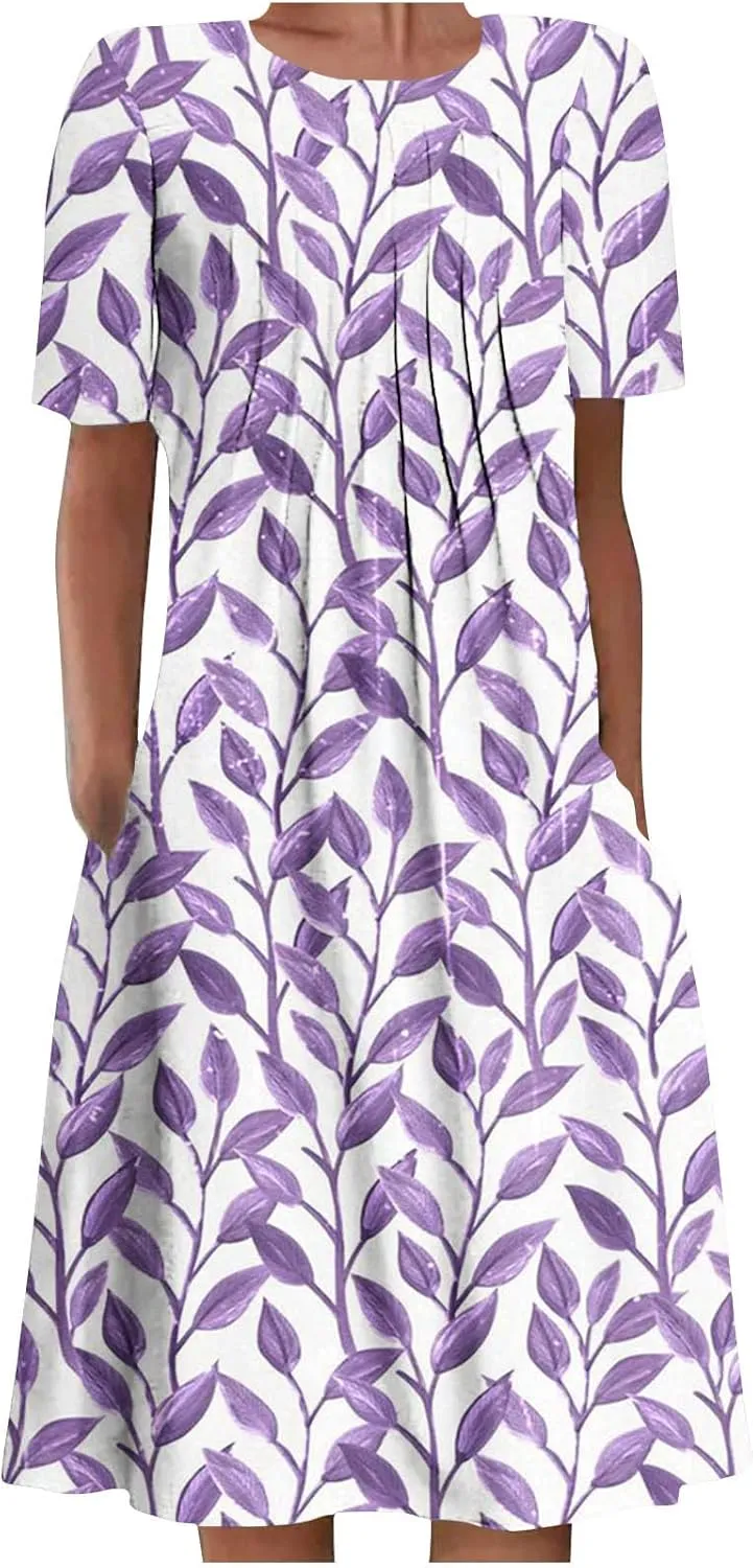 Summer Dresses for Women, Beach Floral Sundress Short Sleeve Pockets Casual Tshirt Dress Ruched A-Line Dress