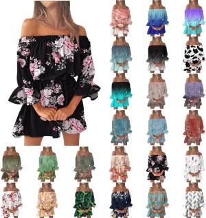 Summer Dresses for Women Boho Beach Sexy Off Shoulder Tunic Sundresses Casual Loose Fit Sleeve Mini Floral Dress