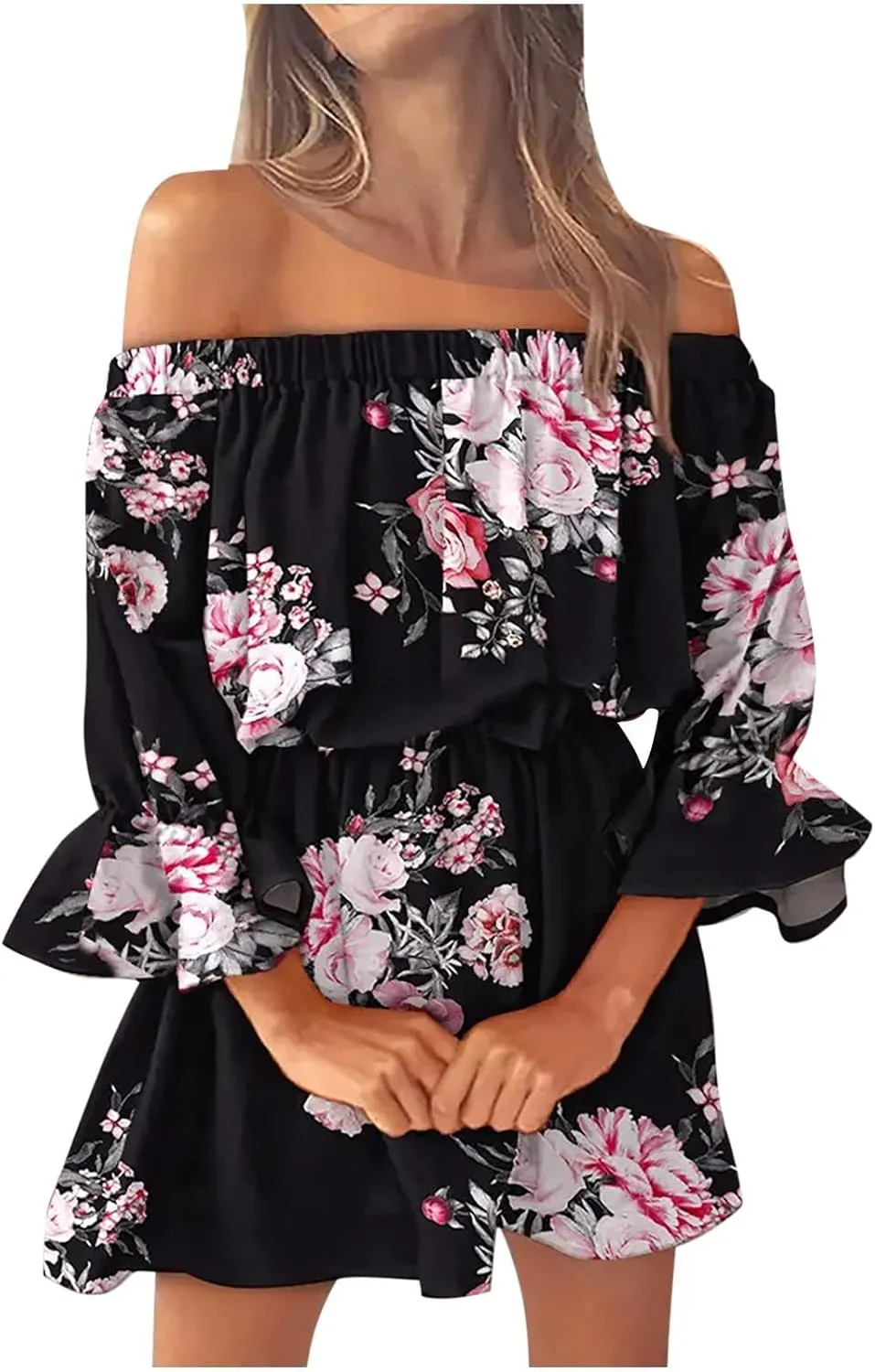 Summer Dresses for Women Boho Beach Sexy Off Shoulder Tunic Sundresses Casual Loose Fit Sleeve Mini Floral Dress