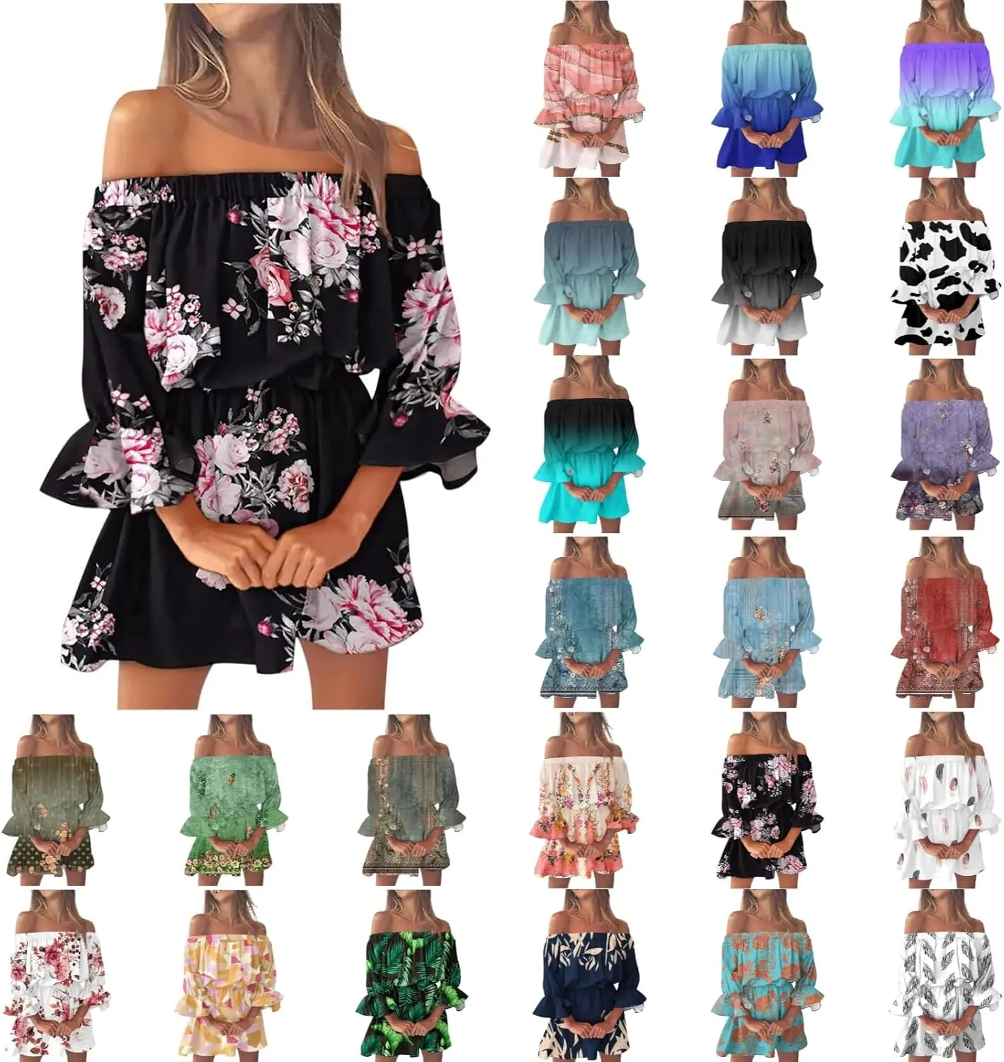 Summer Dresses for Women Boho Beach Sexy Off Shoulder Tunic Sundresses Casual Loose Fit Sleeve Mini Floral Dress
