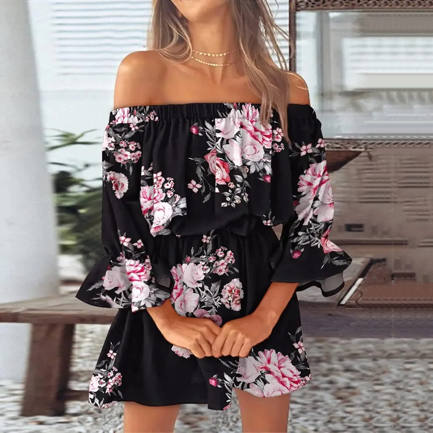 Summer Dresses for Women Boho Beach Sexy Off Shoulder Tunic Sundresses Casual Loose Fit Sleeve Mini Floral Dress