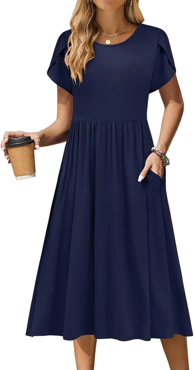 Summer Dresses for Women Boho Sundress Crew Neck Short Sleeve Fashion Floral High Waist Dresses Ruffle Hem Dress 2025