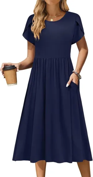 Summer Dresses for Women Boho Sundress Crew Neck Short Sleeve Fashion Floral High Waist Dresses Ruffle Hem Dress 2025