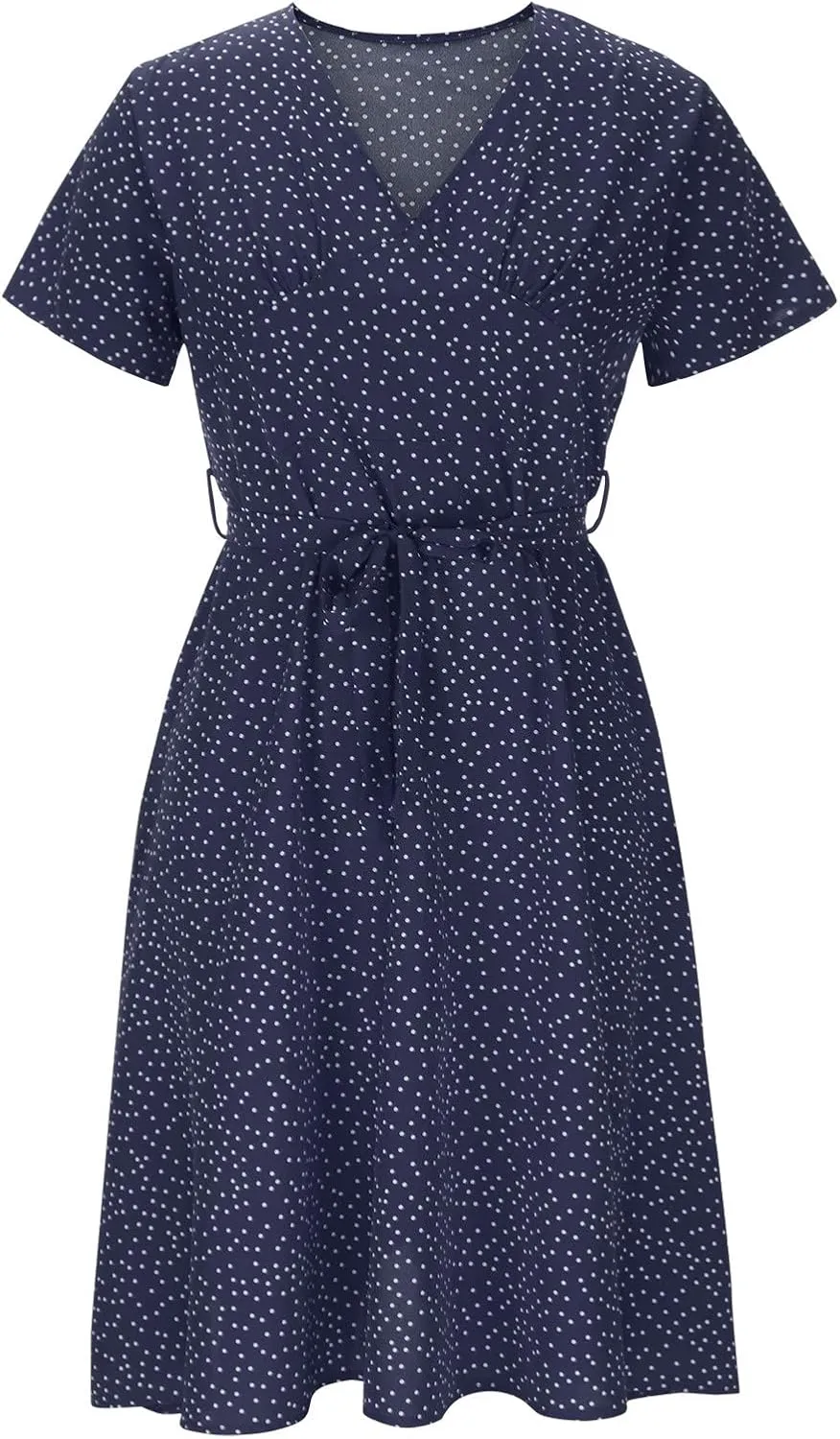 Summer Dresses for Women Floral Boho Dress Beach Casual Mid Length Dress Short Sleeve Flowy Elegant Midi Dresses