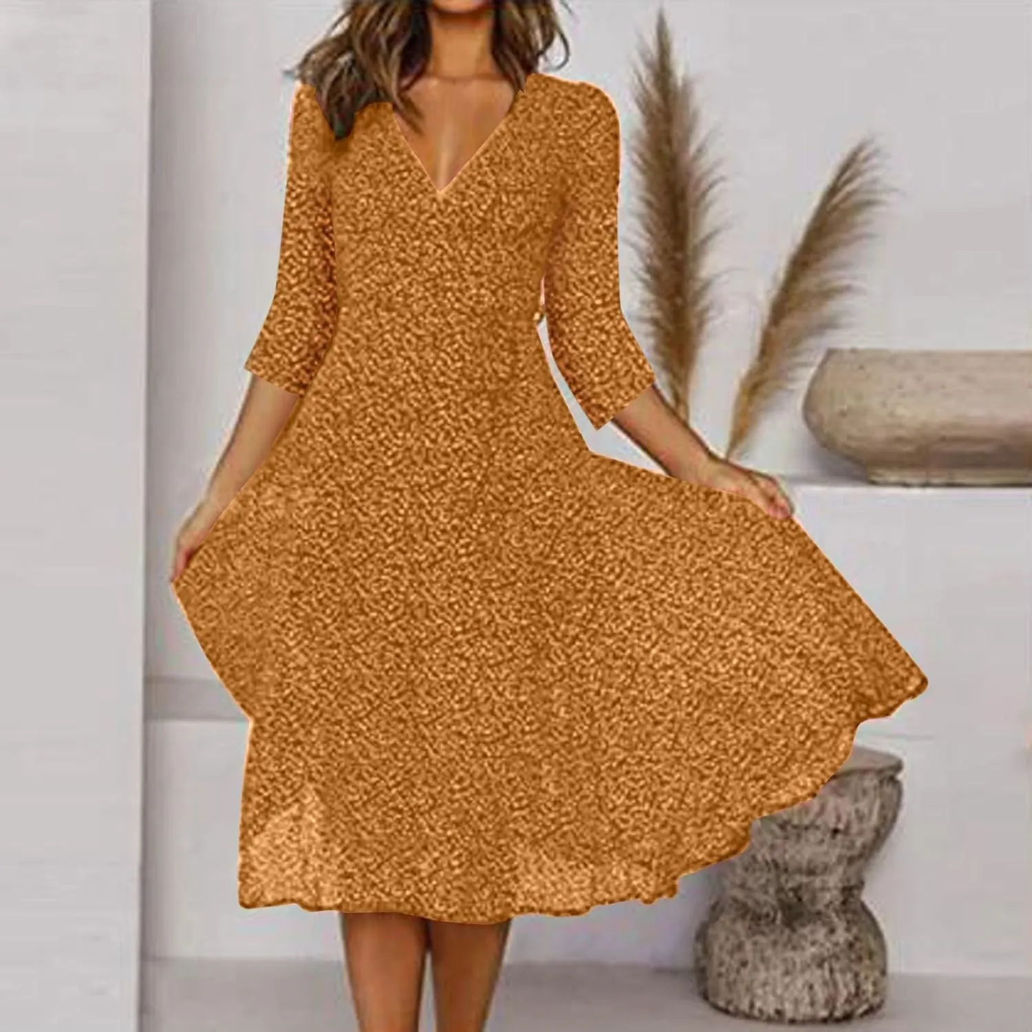 Summer Dresses for Women Floral Boho Dress Beach Casual Mid Length Dress Short Sleeve Flowy Elegant Midi Dresses