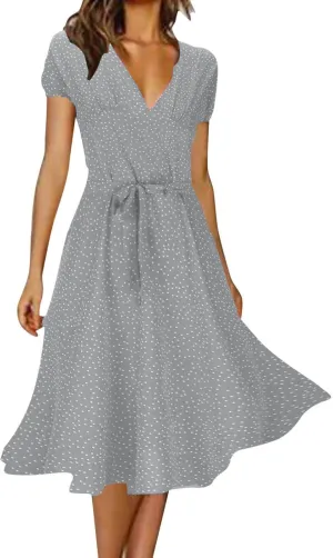Summer Dresses for Women Floral Boho Dress Beach Casual Mid Length Dress Short Sleeve Flowy Elegant Midi Dresses
