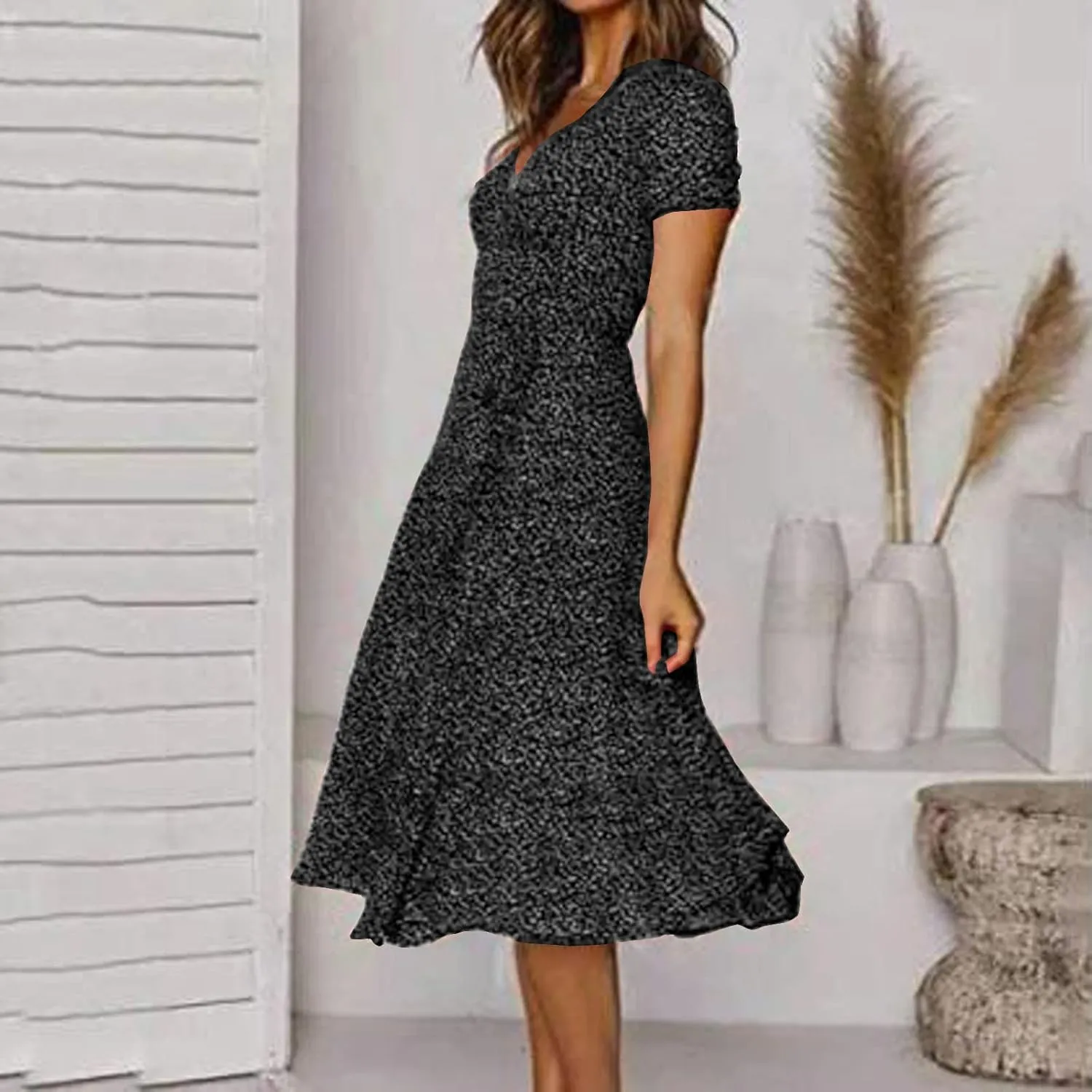 Summer Dresses for Women Floral Boho Dress Beach Casual Mid Length Dress Short Sleeve Flowy Elegant Midi Dresses
