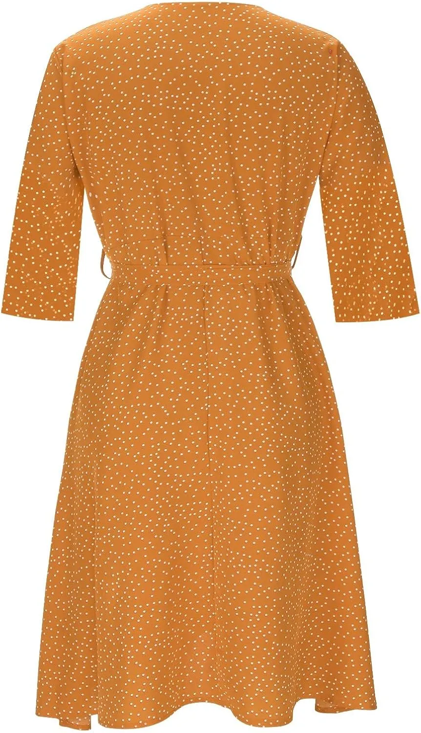 Summer Dresses for Women Floral Boho Dress Beach Casual Mid Length Dress Short Sleeve Flowy Elegant Midi Dresses