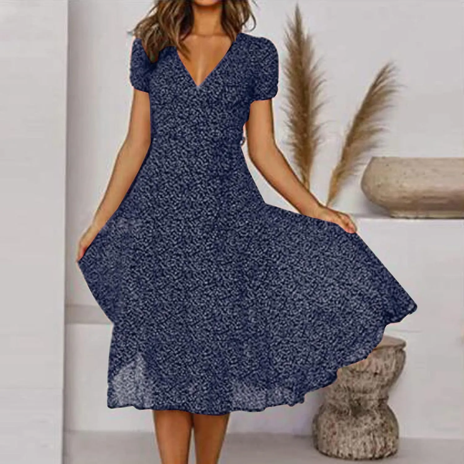 Summer Dresses for Women Floral Boho Dress Beach Casual Mid Length Dress Short Sleeve Flowy Elegant Midi Dresses