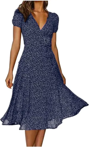 Summer Dresses for Women Floral Boho Dress Beach Casual Mid Length Dress Short Sleeve Flowy Elegant Midi Dresses