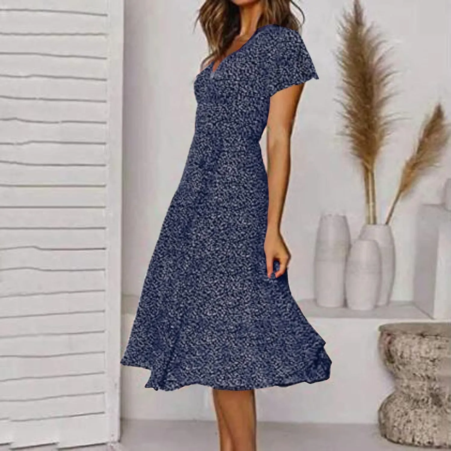 Summer Dresses for Women Floral Boho Dress Beach Casual Mid Length Dress Short Sleeve Flowy Elegant Midi Dresses