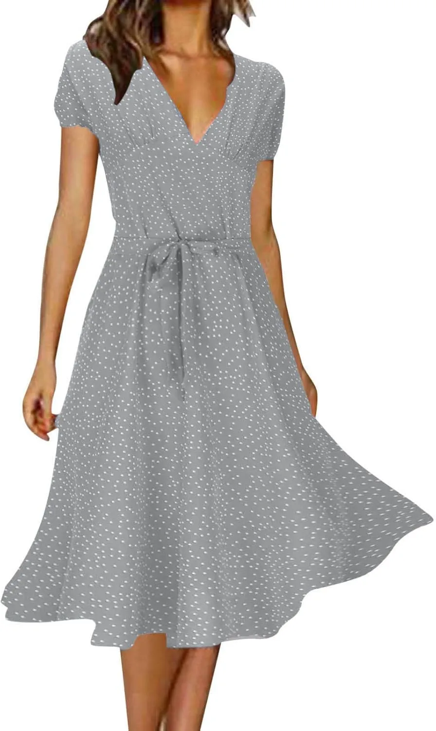 Summer Dresses for Women Floral Boho Dress Beach Casual Mid Length Dress Short Sleeve Flowy Elegant Midi Dresses