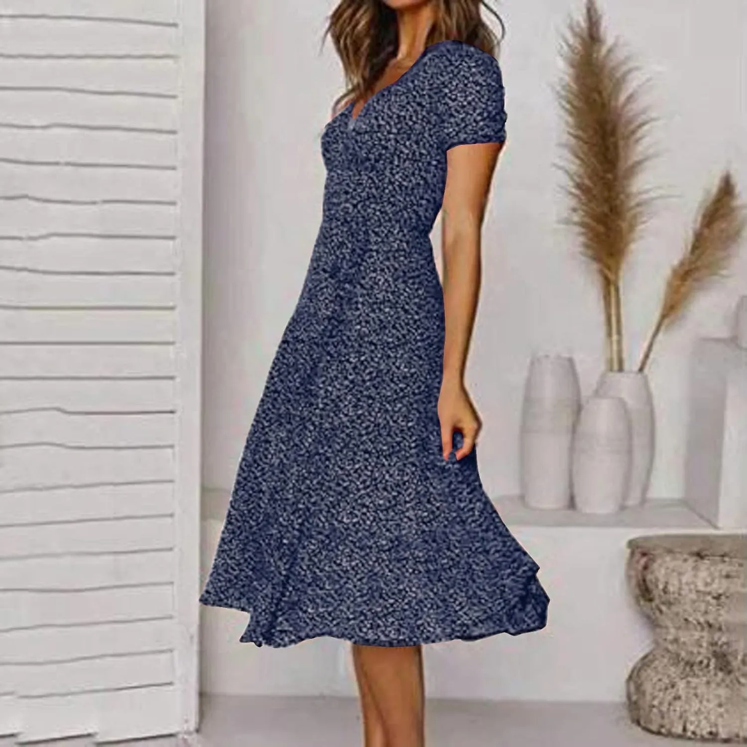Summer Dresses for Women Floral Boho Dress Beach Casual Mid Length Dress Short Sleeve Flowy Elegant Midi Dresses