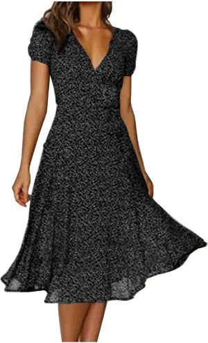 Summer Dresses for Women Floral Boho Dress Beach Casual Mid Length Dress Short Sleeve Flowy Elegant Midi Dresses