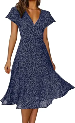 Summer Dresses for Women Floral Boho Dress Beach Casual Mid Length Dress Short Sleeve Flowy Elegant Midi Dresses