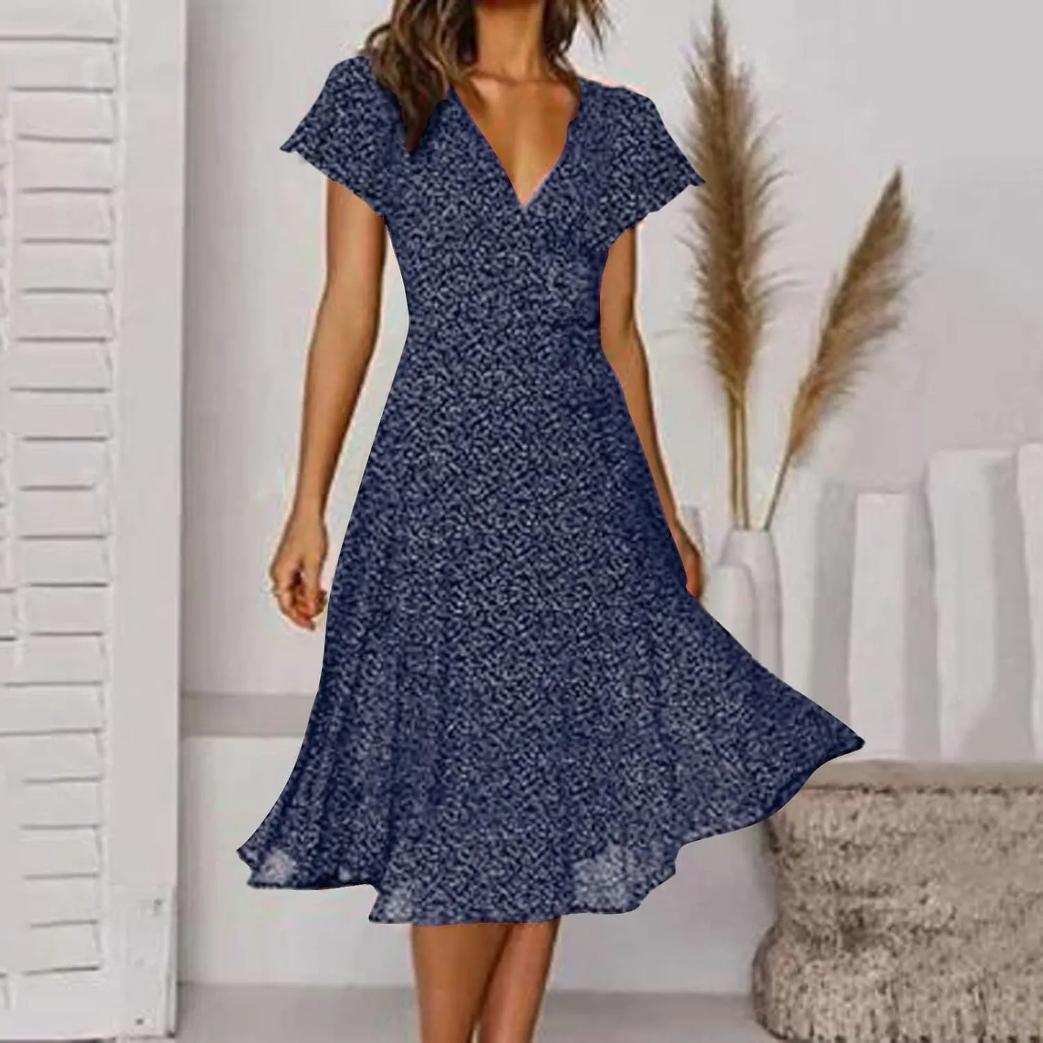 Summer Dresses for Women Floral Boho Dress Beach Casual Mid Length Dress Short Sleeve Flowy Elegant Midi Dresses
