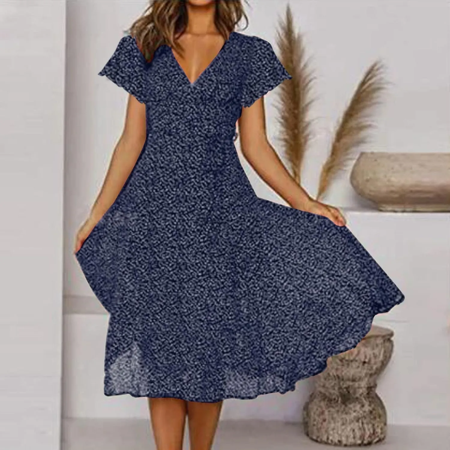 Summer Dresses for Women Floral Boho Dress Beach Casual Mid Length Dress Short Sleeve Flowy Elegant Midi Dresses